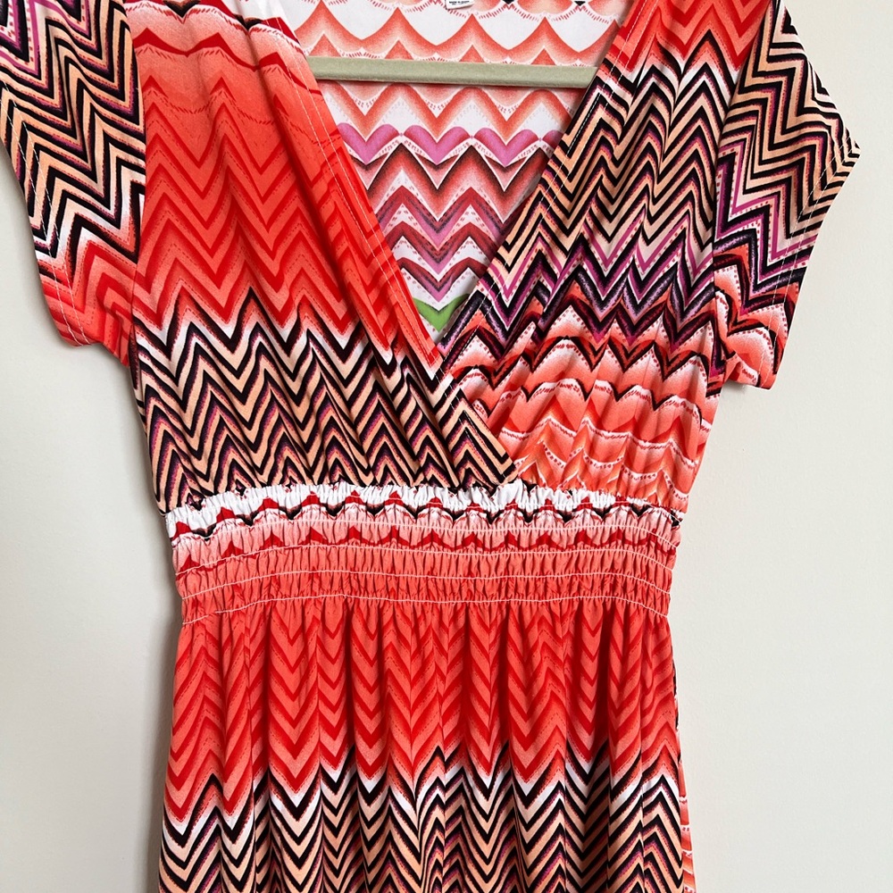 Coral Chevron Print Dress XL | Boho V-Neck Smocked Waist Summer Dress - Picture 4 of 8